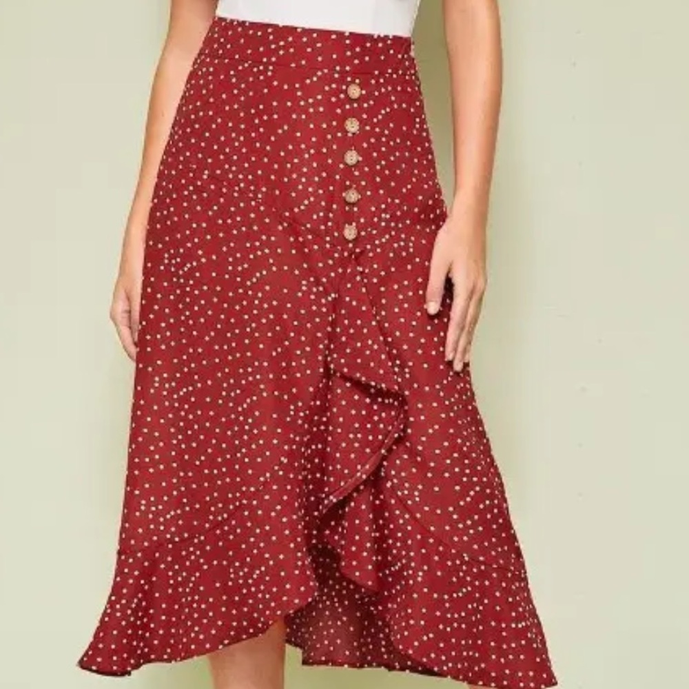 Women’s Red Polka Dot Ruffled Midi Skirt